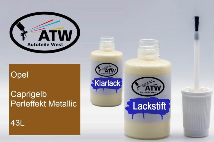 Opel, Caprigelb Perleffekt Metallic, 43L: 20ml Lackstift + 20ml Klarlack - Set, von ATW Autoteile West.